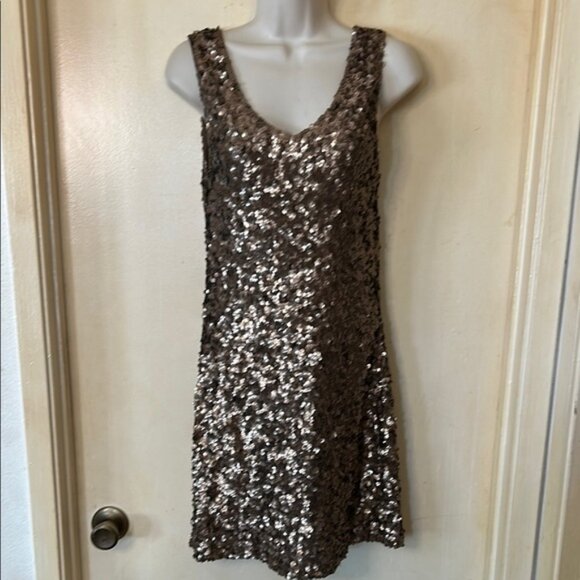 Amber Blue Gold Sequin Scoop Neck Mini Dress Cocktail size L - Picture 1 of 9
